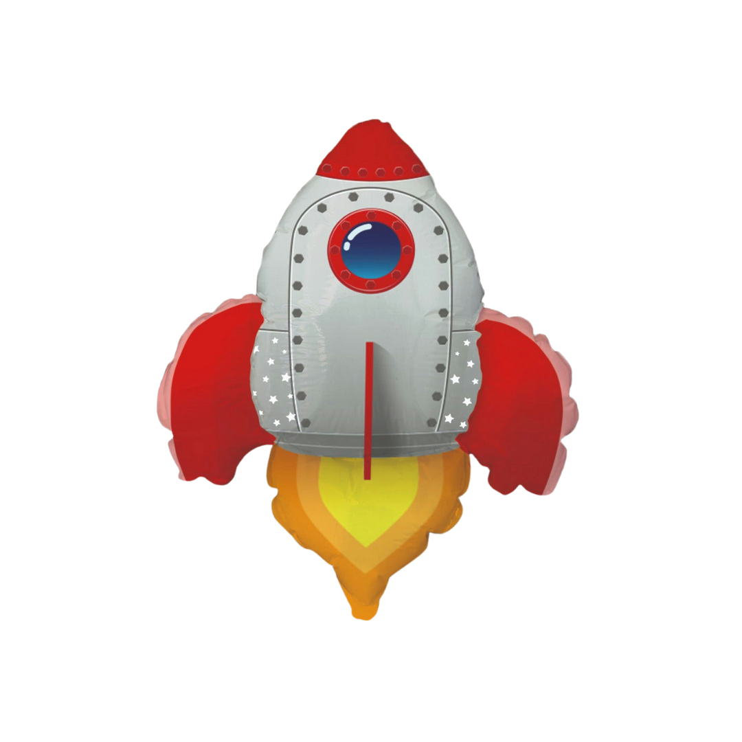 Metallic gray and red rocket foil balloon with flame space birthday theme from Parte Haus party supply store in Bethesda MD