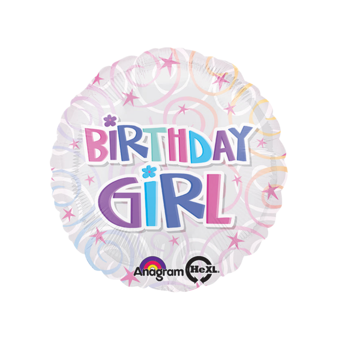 Multicolor 18in Birthday Girl foil balloon with swirls and stars – from Parte Haus party supply store in Bethesda, MD.