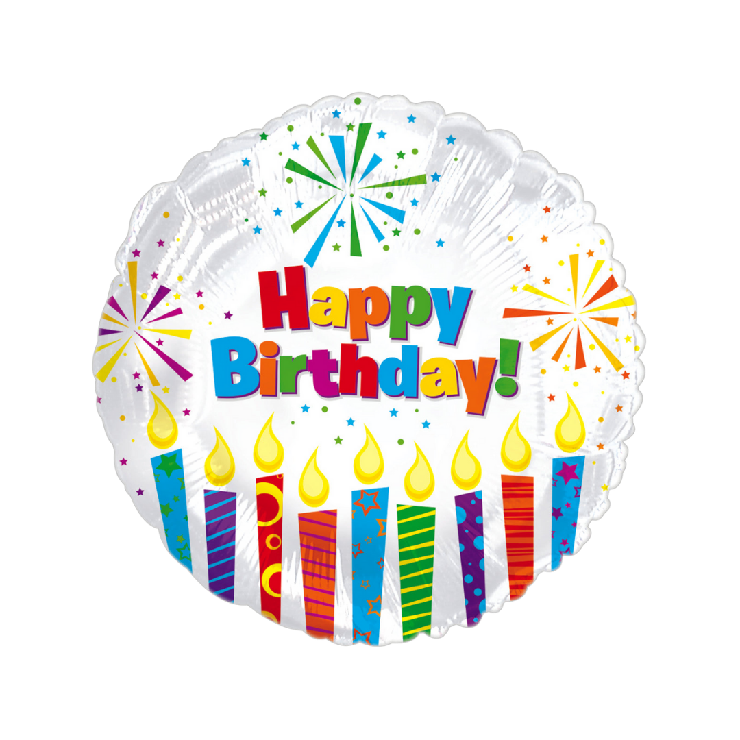 Multicolor 17in candles and stars happy birthday foil balloon for party decor – from Parte Haus party supply store in Bethesda, MD.