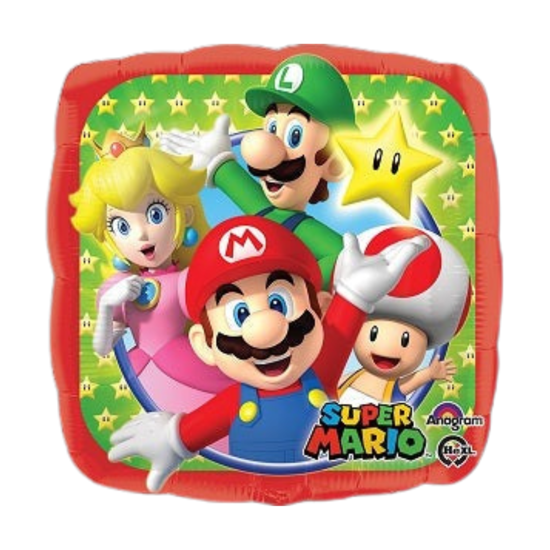 Multicolor Super Mario Bros foil balloon with characters for birthday from Parte Haus party supply store in Bethesda MD