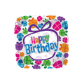 Multicolor square foil balloon with gift boxes and happy birthday text from Parte Haus party supply store in Bethesda MD