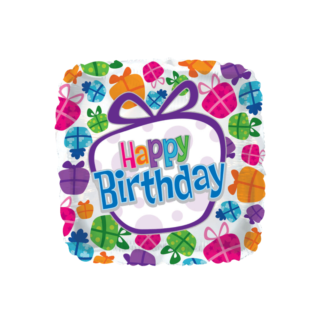 Multicolor square foil balloon with gift boxes and happy birthday text from Parte Haus party supply store in Bethesda MD