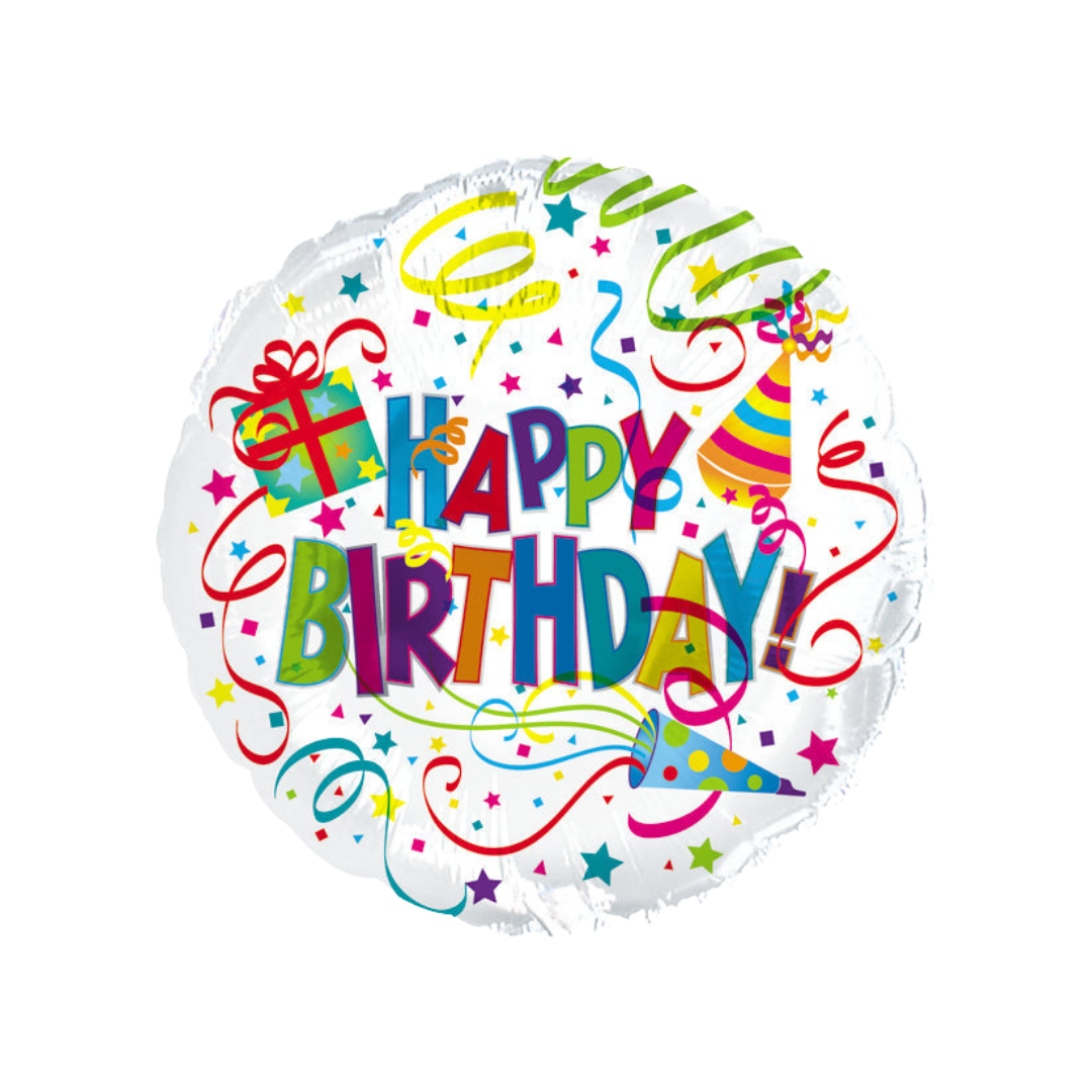 Multicolor foil balloon with Happy Birthday text and confetti birthday theme from Parte Haus party supply store in Bethesda Maryland
