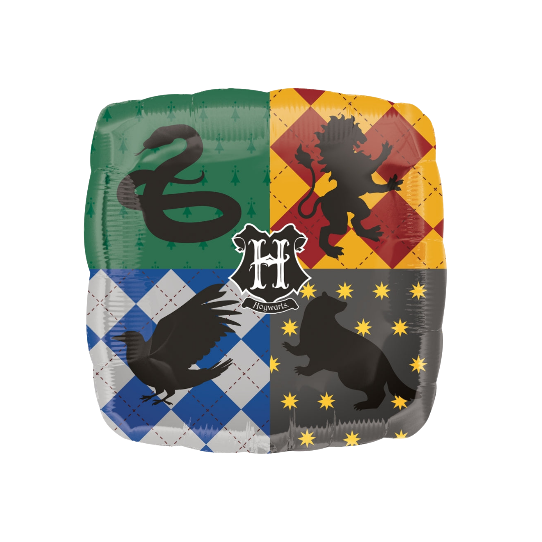 Multicolor 18in Harry Potter Hogwarts house square foil balloon featuring all four crests – from Parte Haus party supply store in Bethesda, Maryland.