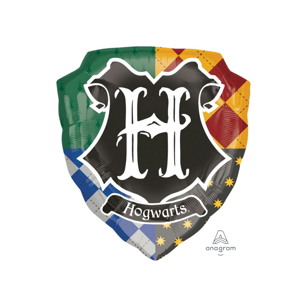 Multicolor 27in Harry Potter Hogwarts houses foil balloon with school crest for birthday parties – from Parte Haus party supply store in Bethesda, MD.