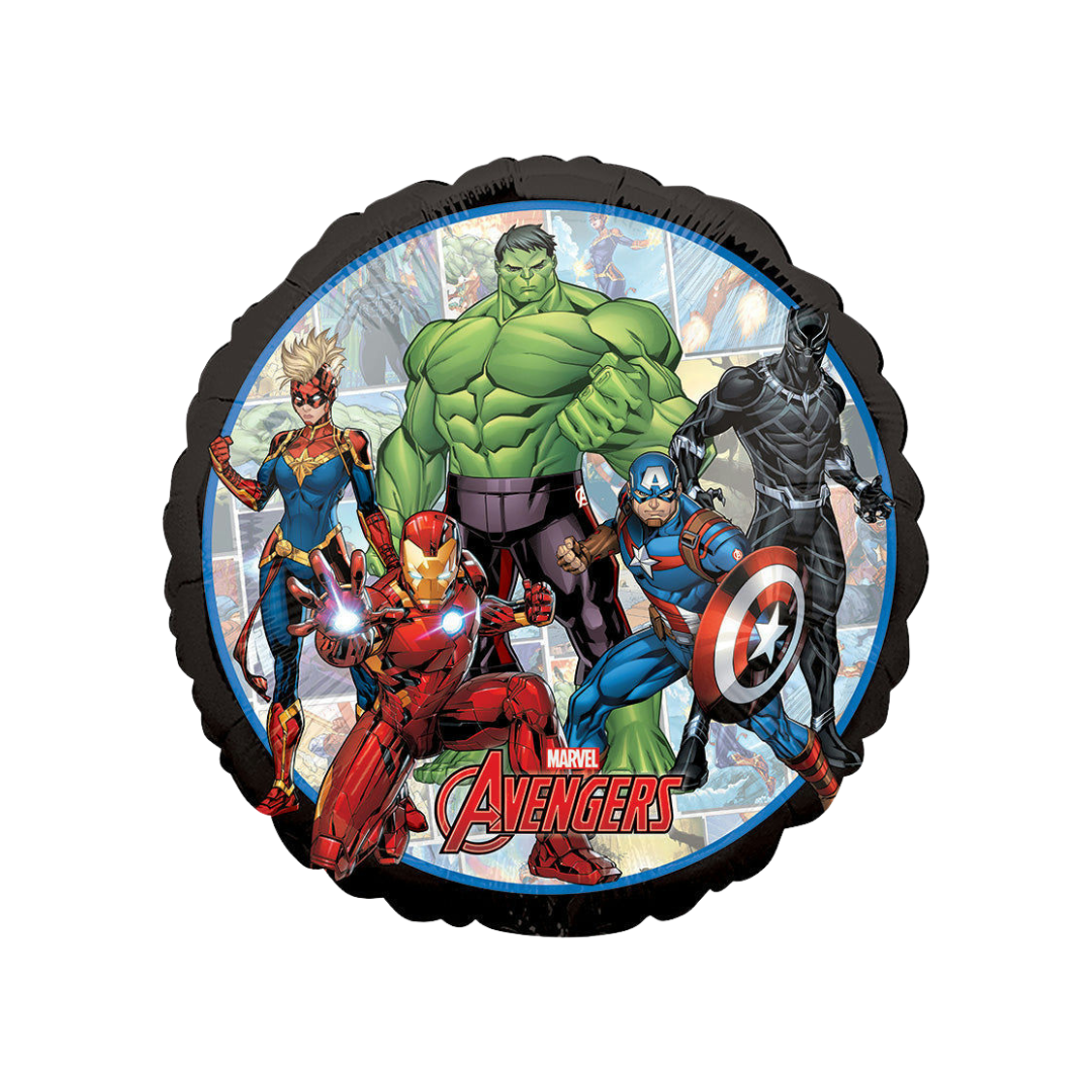 Multicolor Avengers foil balloon with superhero characters for birthday from Parte Haus party supply store in Bethesda Maryland