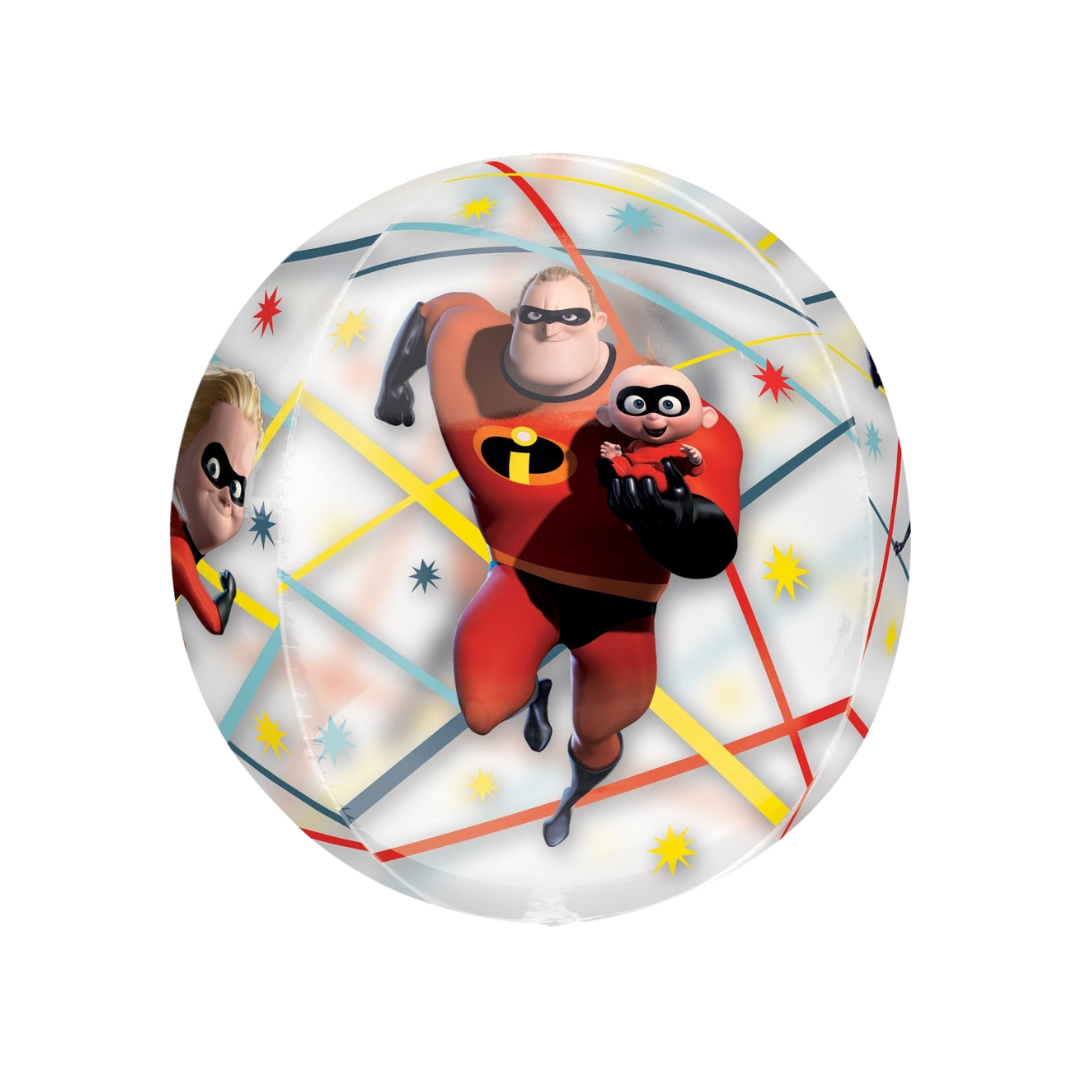 Multicolor orbz foil balloon with The Incredibles 2 characters for birthday from Parte Haus party supply store in Bethesda MD