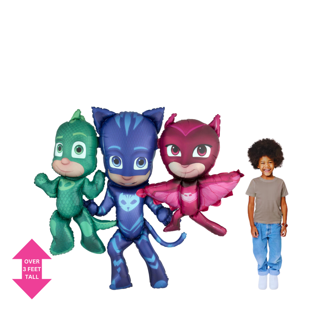 Multicolor foil PJ Masks Catboy Owlette Gekko balloon with child for birthday from Parte Haus party supply store in Bethesda MD