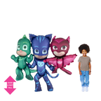 Multicolor foil PJ Masks Catboy Owlette Gekko balloon with child for birthday from Parte Haus party supply store in Bethesda MD