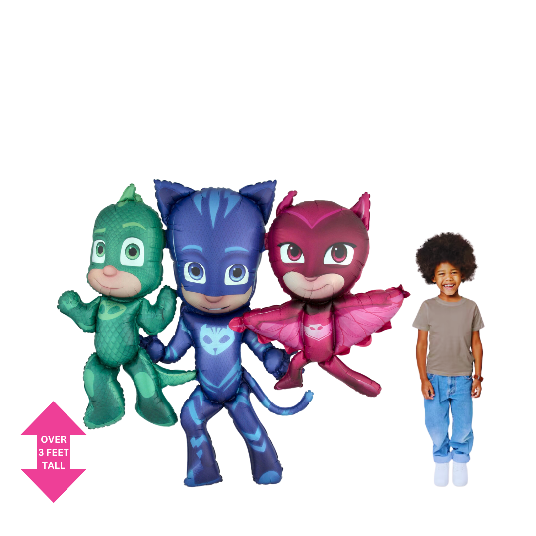 Multicolor foil PJ Masks Catboy Owlette Gekko balloon with child for birthday from Parte Haus party supply store in Bethesda MD