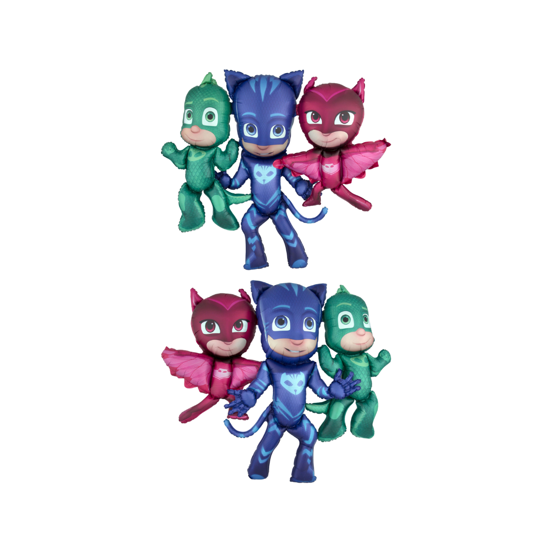 Large 57in PJ Masks foil balloon with Catboy, Owlette, and Gekko posed together, perfect for kids’ superhero birthday celebrations.