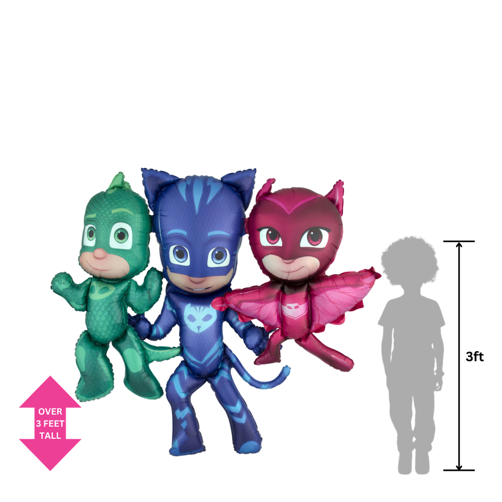 Multicolor PJ Masks foil balloon featuring Catboy Owlette and Gekko for birthday from Parte Haus party supply store in Bethesda Maryland