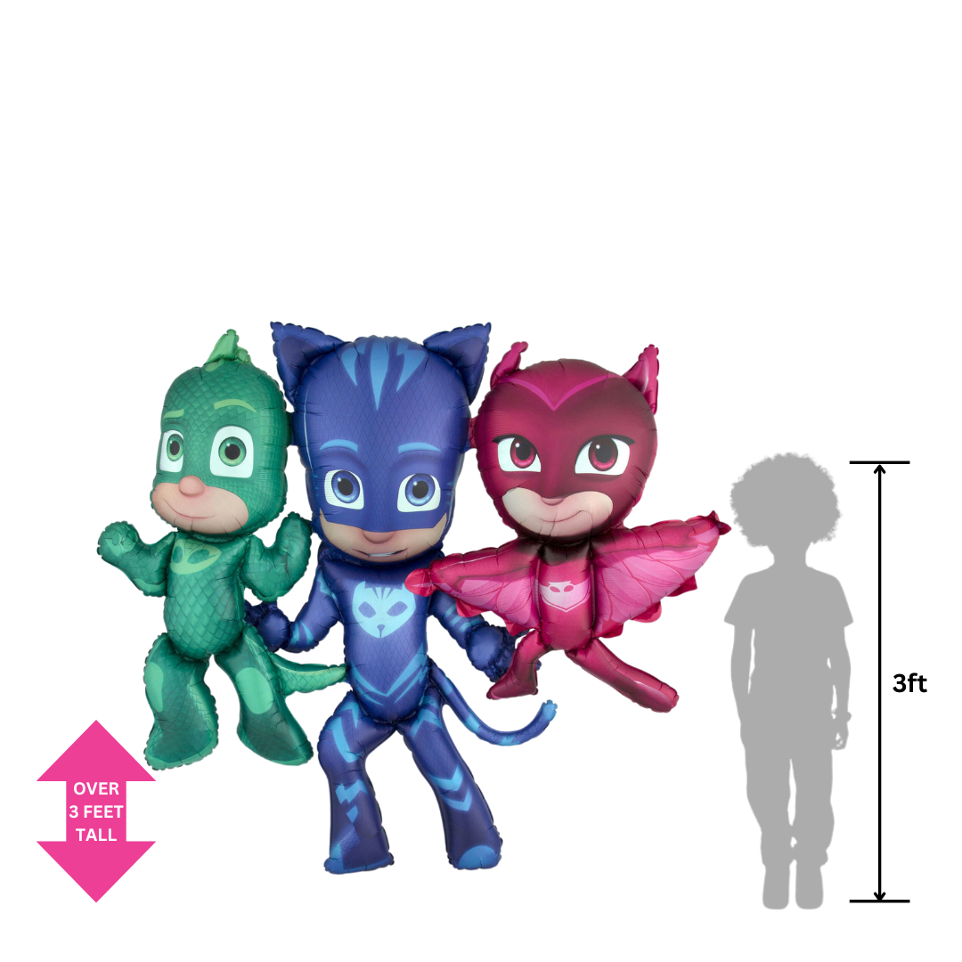 Life-size 57in PJ Masks balloon showing Catboy, Owlette, and Gekko beside a child, ideal for superhero-themed birthday parties.
