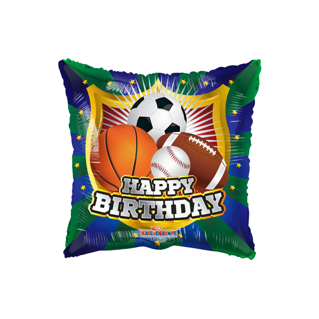 Multicolor 18in sports Happy Birthday foil balloon with soccer, basketball, football, and baseball – from Parte Haus in Bethesda, MD.
