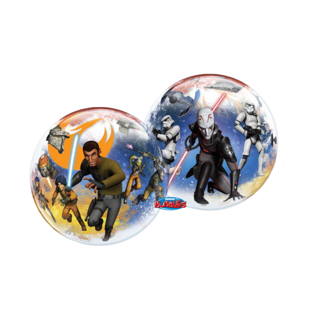 Multicolor 22in Star Wars Rebels bubble balloon with characters for birthday parties – from Parte Haus party supply store in Bethesda, Maryland.