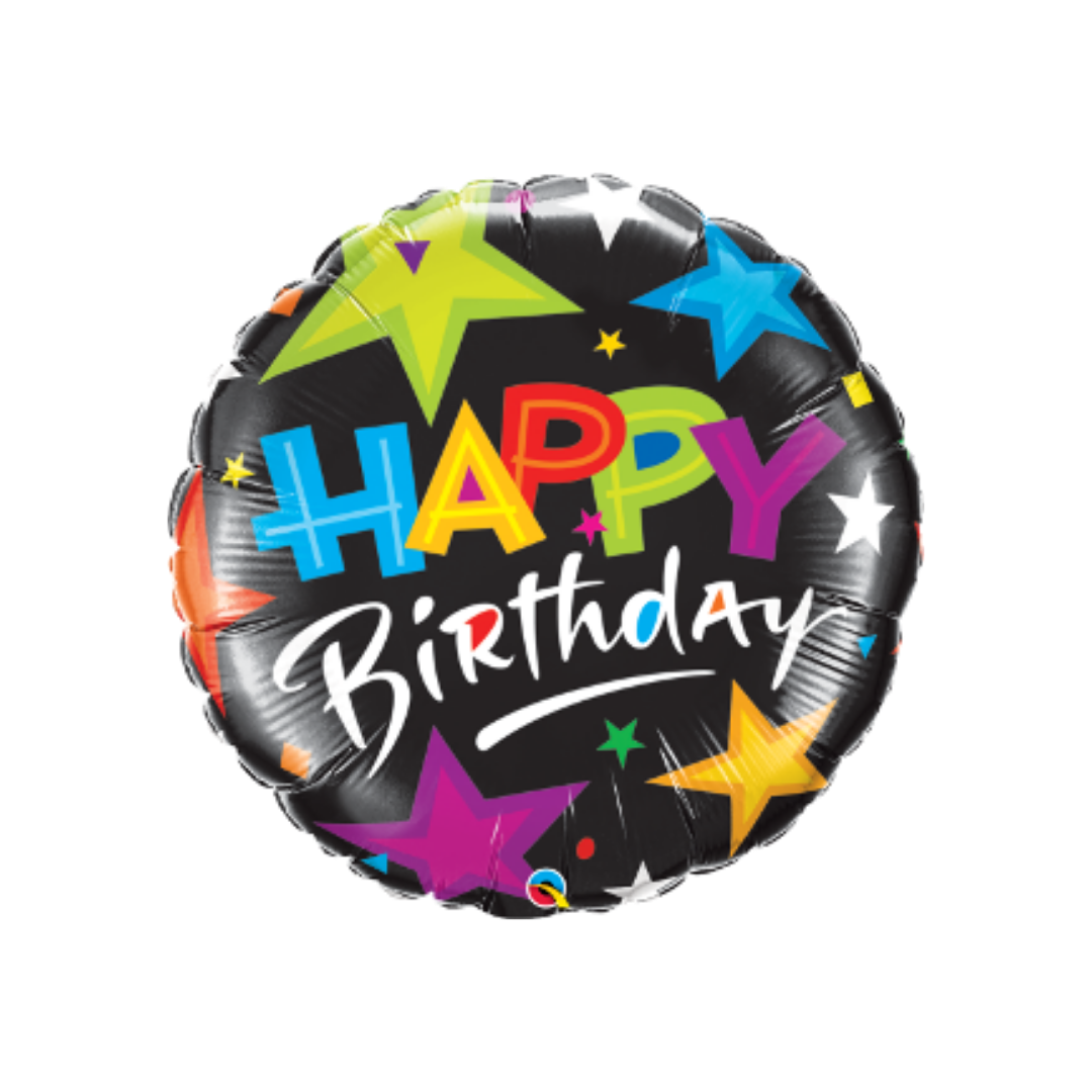 Multicolor happy birthday foil balloon with stars for birthday from Parte Haus party supply store in Bethesda MD