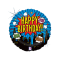 Multicolor superhero foil balloon with comic cityscape Happy Birthday theme from Parte Haus party supply store in Bethesda MD