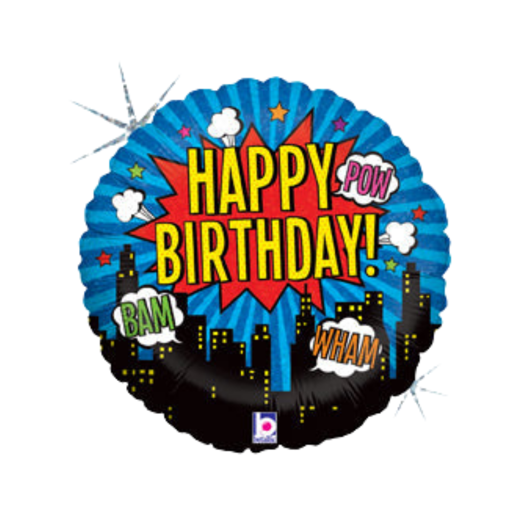 Multicolor superhero foil balloon with comic cityscape Happy Birthday theme from Parte Haus party supply store in Bethesda MD