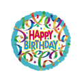 Multicolor foil balloon with swirls and Happy Birthday text birthday theme from Parte Haus party supply store in Bethesda MD