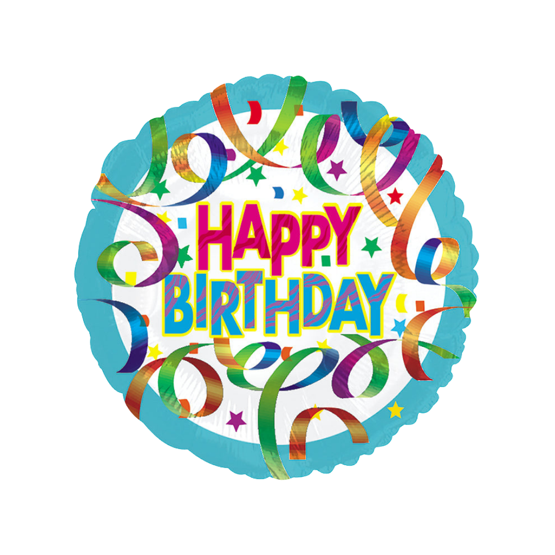 Multicolor foil balloon with swirls and Happy Birthday text birthday theme from Parte Haus party supply store in Bethesda MD