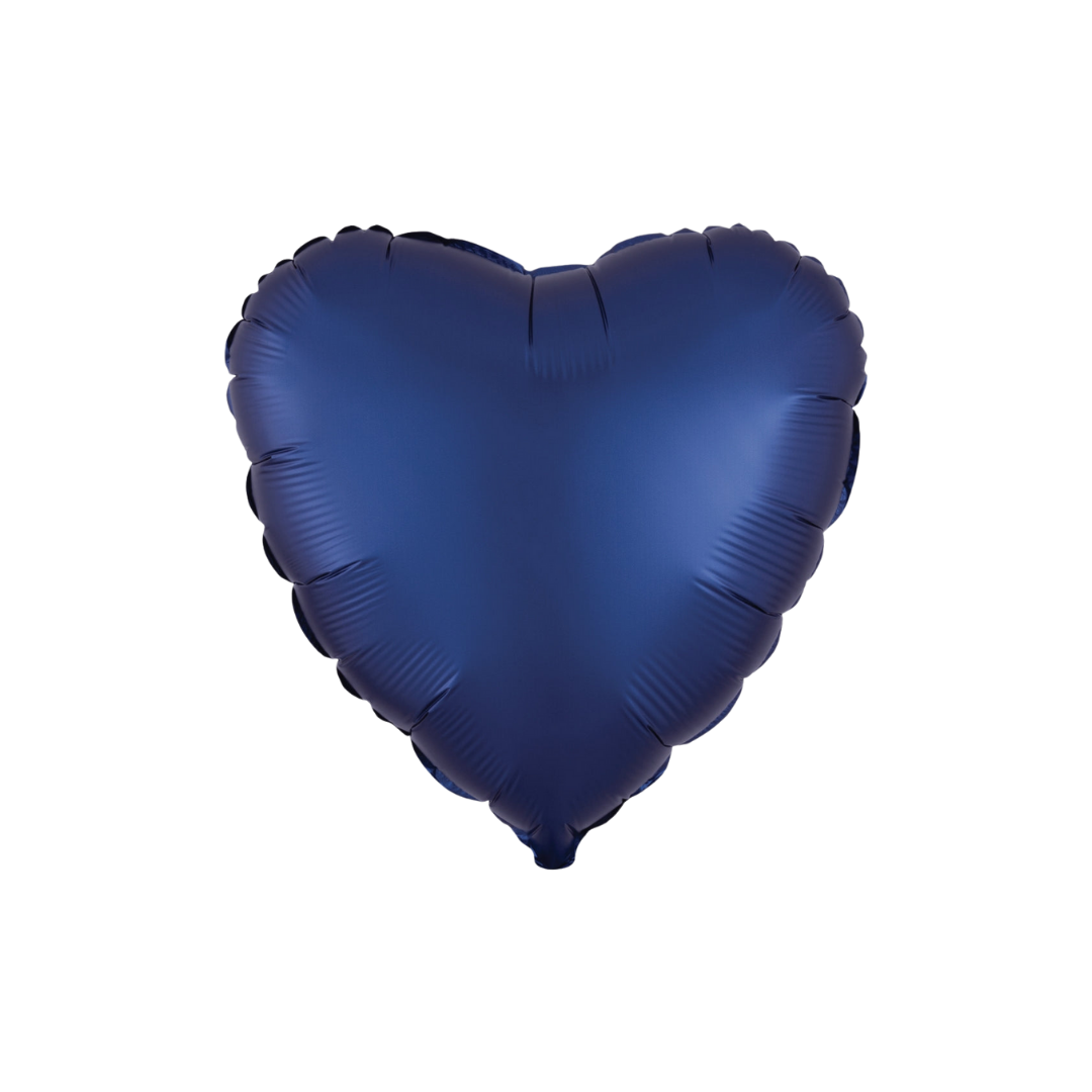 Navy blue 18in satin heart foil balloon for celebrations from Parte Haus party supply store in Bethesda, MD.