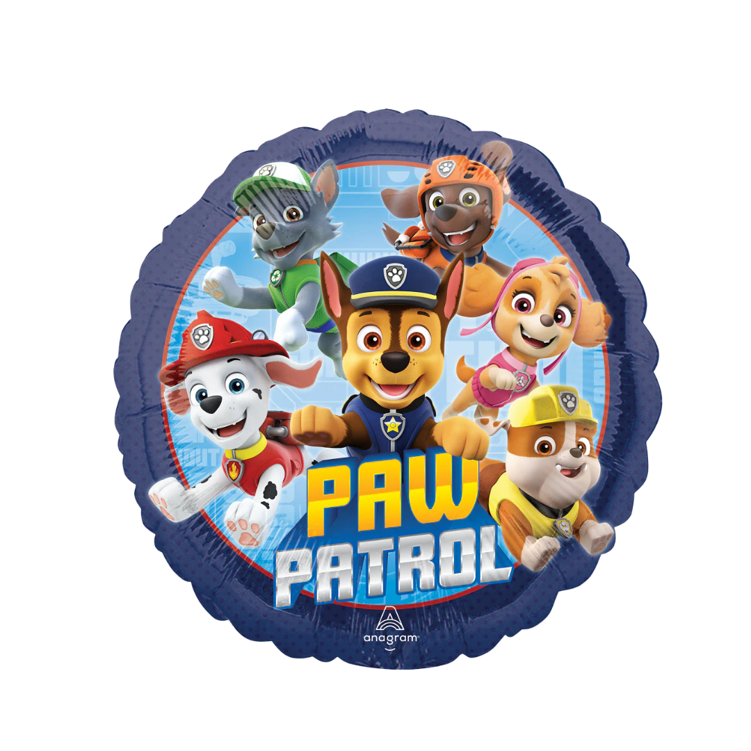 Navy blue Paw Patrol foil balloon with cartoon pups for birthday from Parte Haus party supply store in Bethesda MD