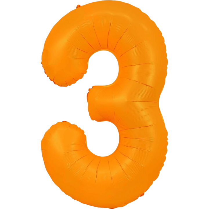 Neon orange 34in number 3 foil balloon for birthday parties from Parte Haus party supply store in Bethesda, Maryland.