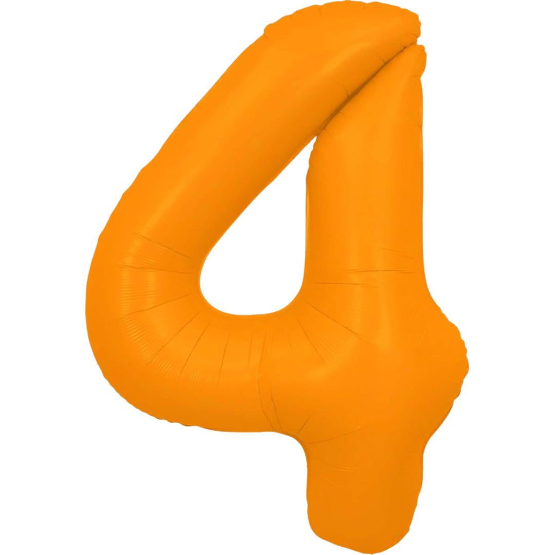Neon orange 34in number 4 foil balloon for birthday parties from Parte Haus party supply store in Bethesda, Maryland.