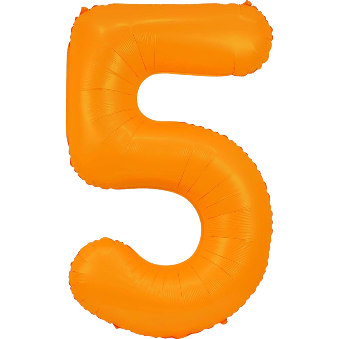 Neon orange 34in number 5 foil balloon for birthday parties from Parte Haus party supply store in Bethesda, Maryland.