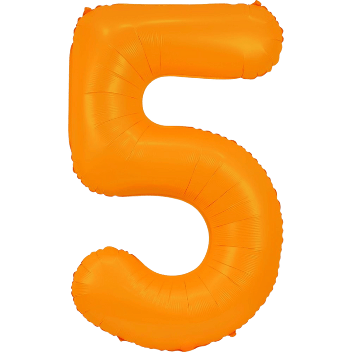 Neon orange 34in number 5 foil balloon for birthday parties from Parte Haus party supply store in Bethesda, Maryland.