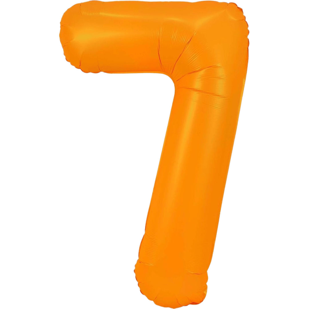 Neon orange 34in number 7 foil balloon for birthday parties from Parte Haus party supply store in Bethesda, Maryland.