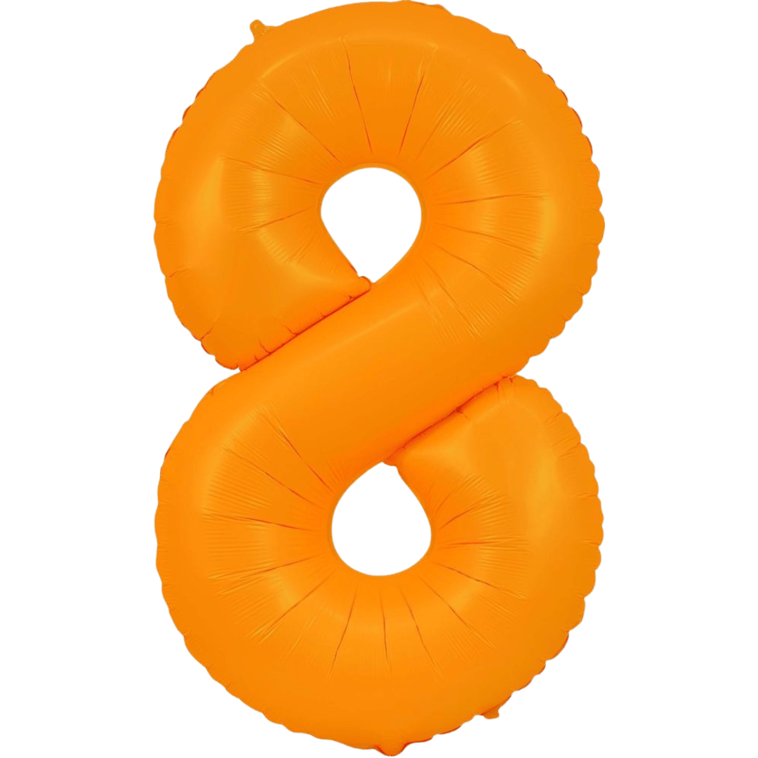Neon orange number 8 foil balloon for birthday celebration from Parte Haus party supply store in Bethesda MD.