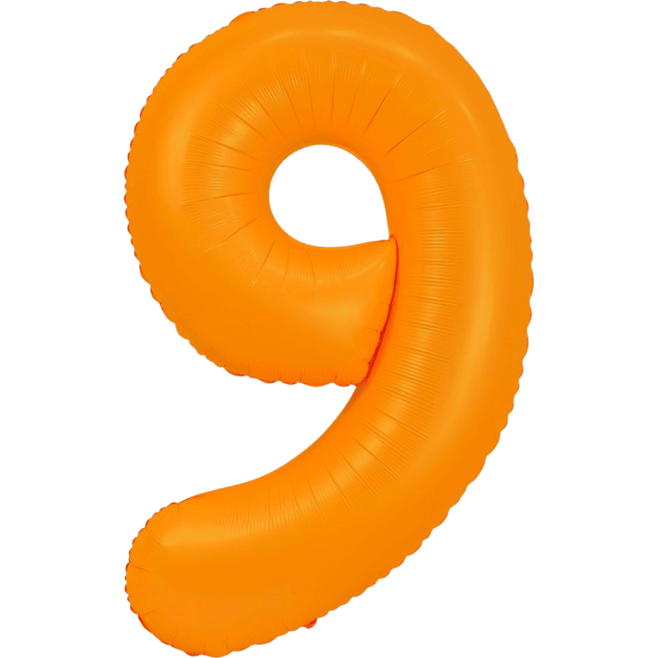 Neon orange 34in number 9 foil balloon for birthday parties from Parte Haus party supply store in Bethesda, Maryland.
