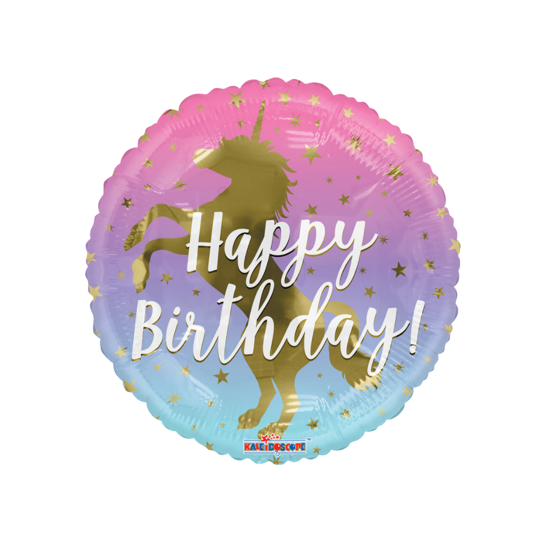 Ombre and gold 18in unicorn Happy Birthday foil balloon with stars – from Parte Haus party supply store in Bethesda, Maryland.