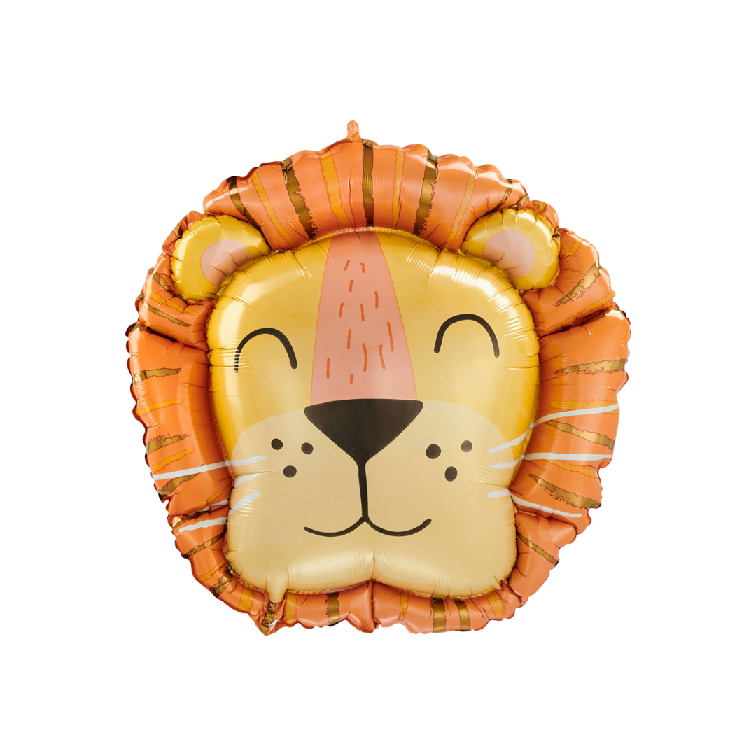 Orange and brown 27in lion head foil balloon for safari birthday parties – from Parte Haus party supply store in Bethesda, MD.
