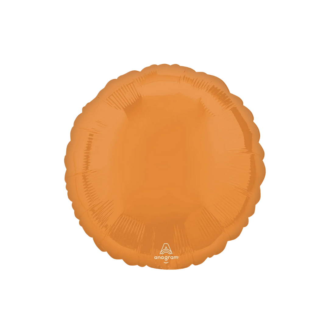 Orange round foil balloon with glossy finish for birthday or celebration from Parte Haus party supply store in Bethesda MD.