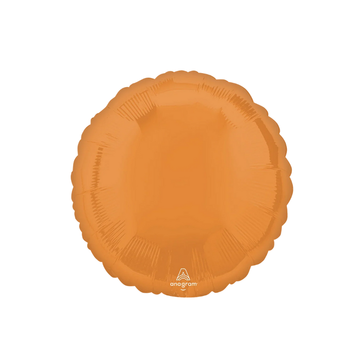 Orange 18in round foil balloon with a glossy finish for birthdays, weddings, and graduations – from Parte Haus party supply store in Bethesda, Maryland.