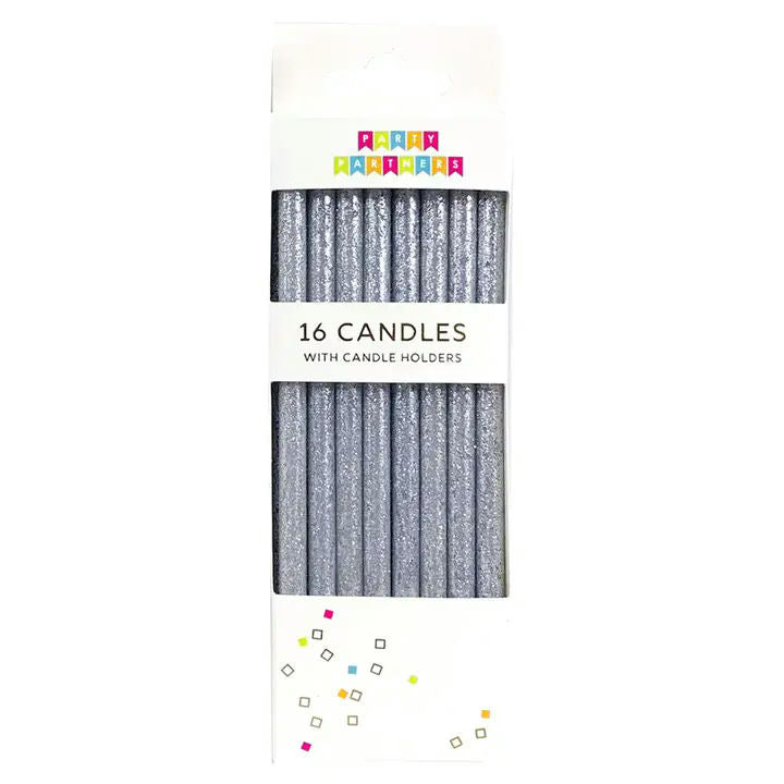 Tall Solid Silver Glitter Candles Set - (16pk)