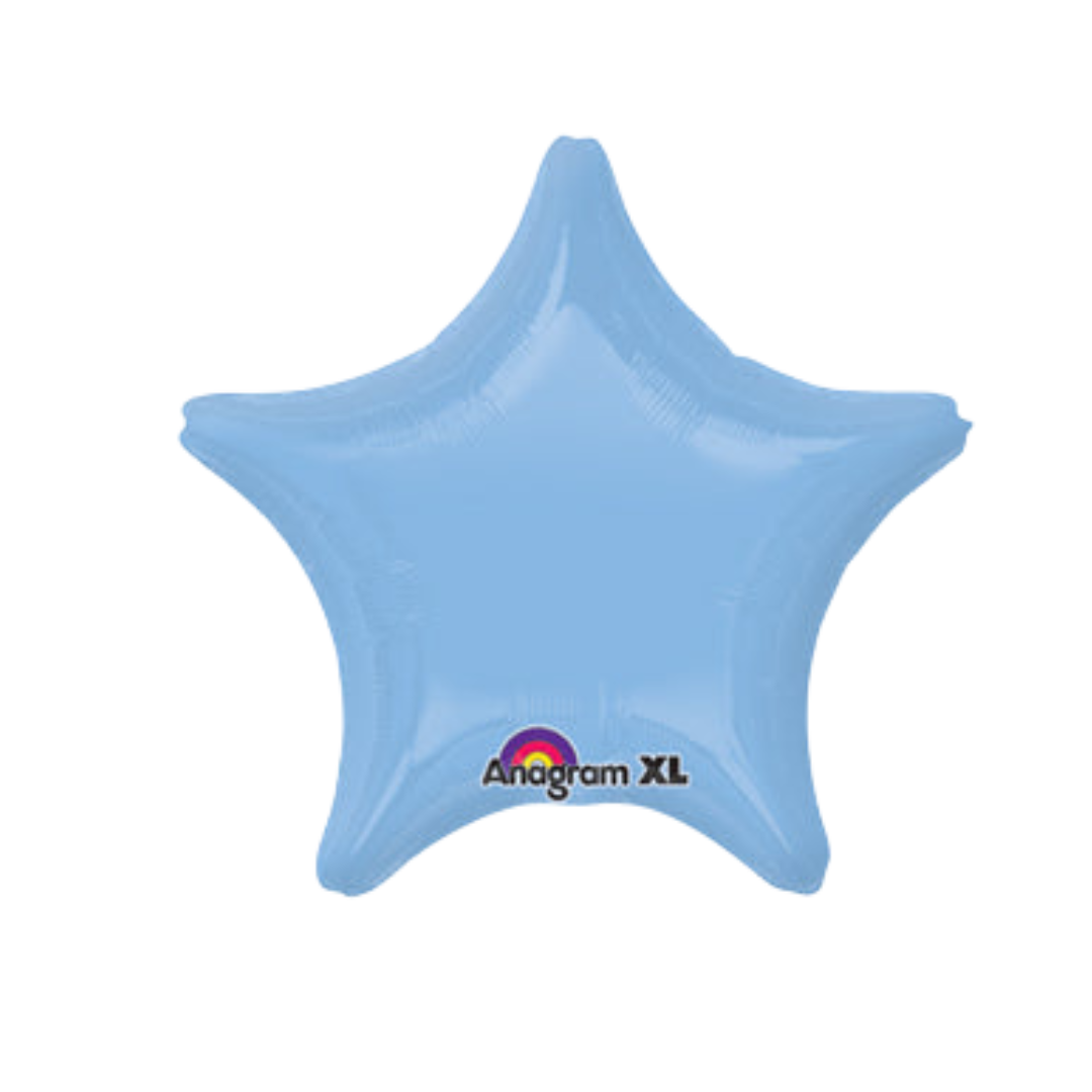 Pastel blue 18in star foil balloon for baby shower and gender reveal parties – from Parte Haus party supply store in Bethesda, Maryland.