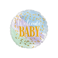 Pastel gold round foil balloon with welcome baby text baby shower from Parte Haus party supply store in Bethesda Maryland