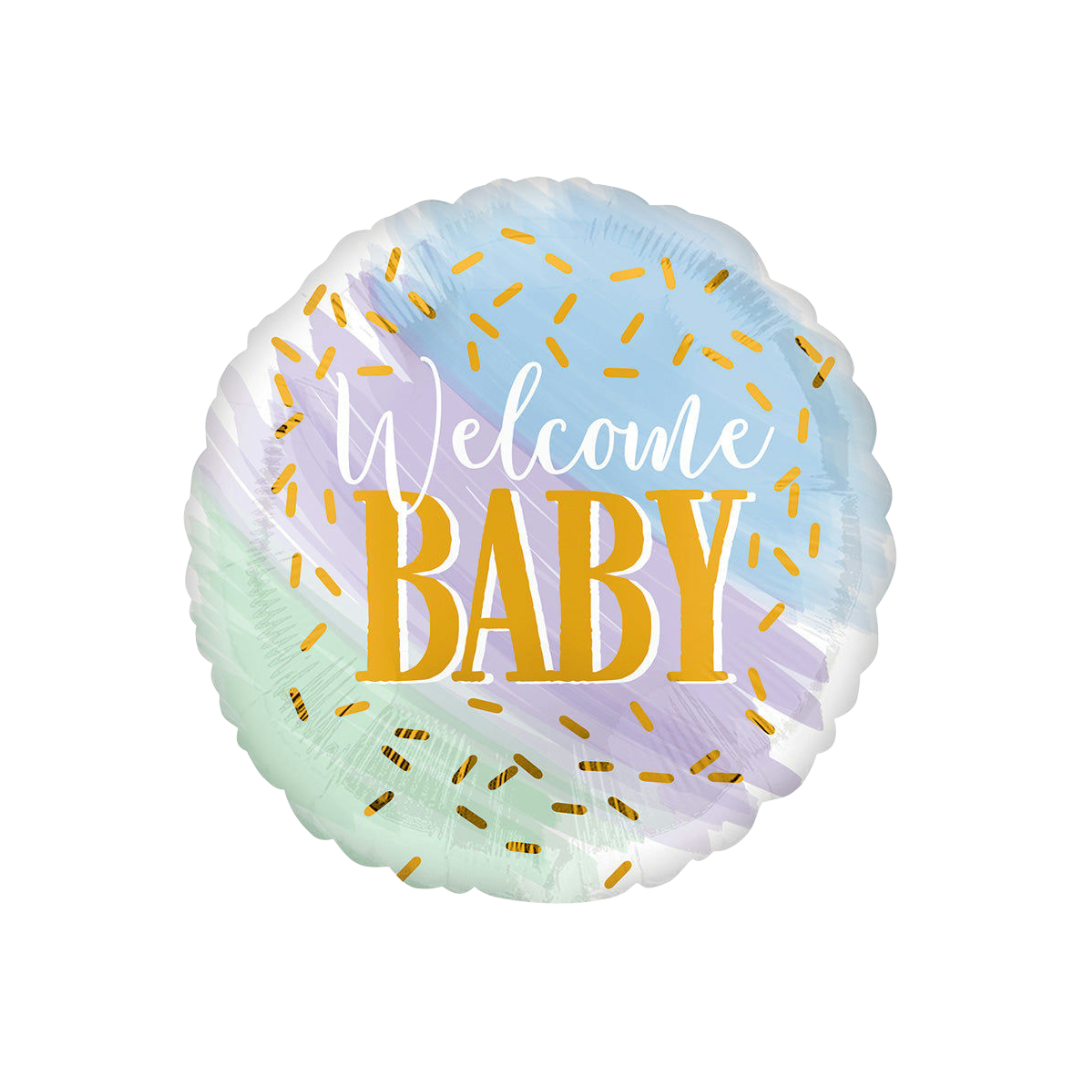 Pastel gold round foil balloon with welcome baby text baby shower from Parte Haus party supply store in Bethesda Maryland