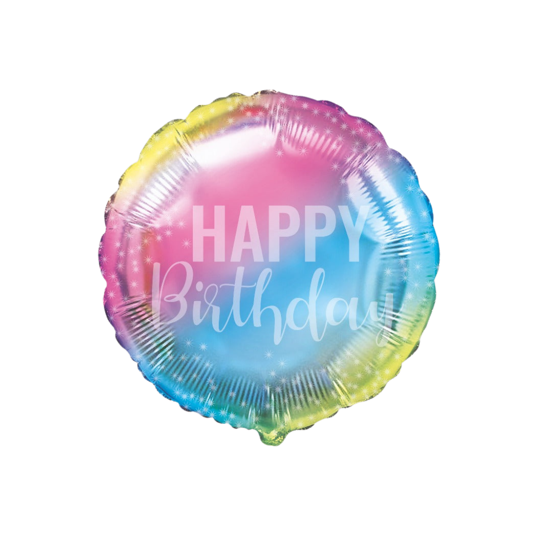 Pastel gradient 18in Happy Birthday foil balloon with pink blue yellow ombre for birthday parties – from Parte Haus in Bethesda, Maryland.