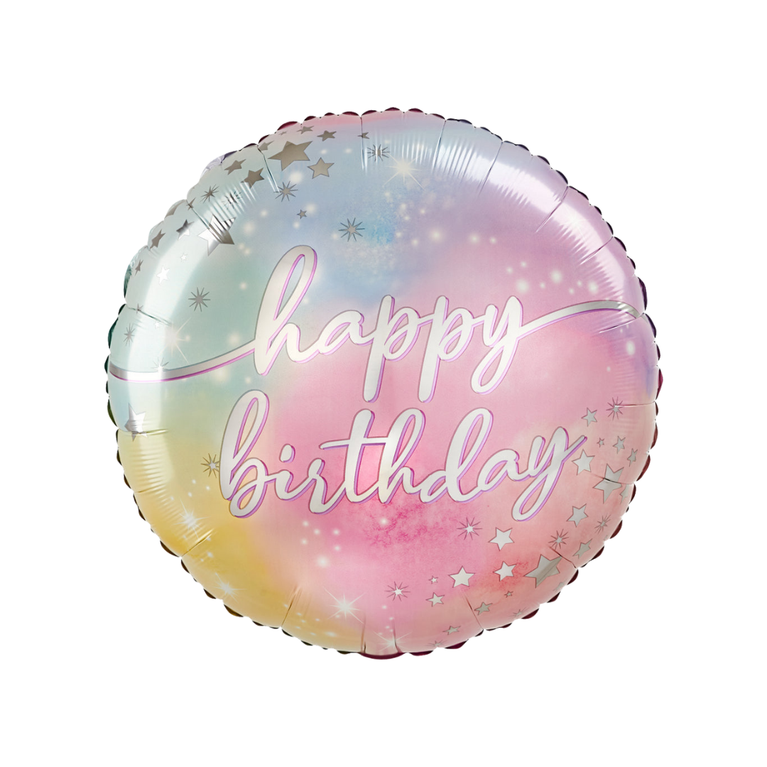 Pastel 28in happy birthday foil balloon with stars for birthday parties – from Parte Haus party supply store in Bethesda, Maryland.