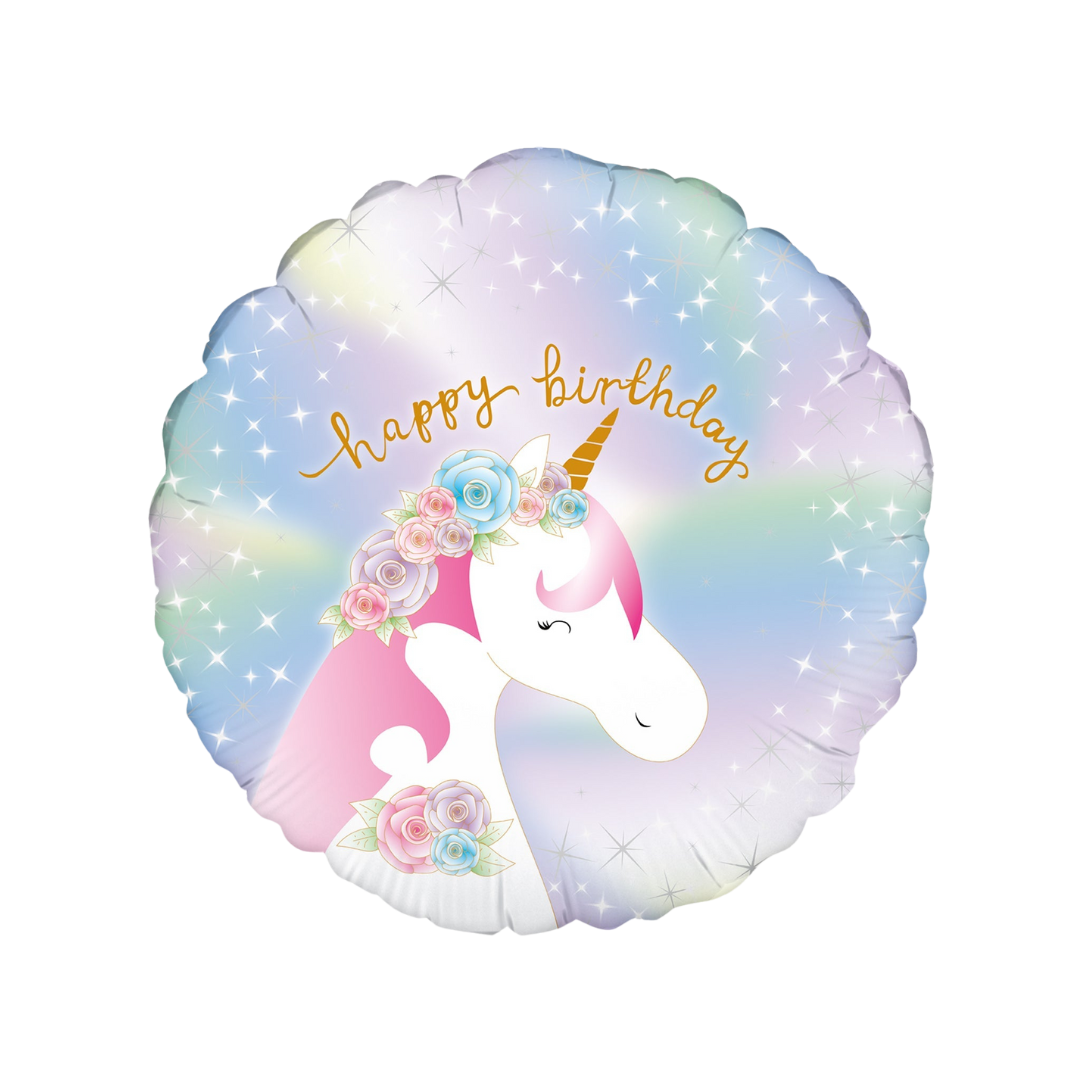 Pastel holographic 18in unicorn birthday foil balloon with rainbow and stars – from Parte Haus party supply store in Bethesda, Maryland.