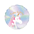 pastel holographic foil balloon with unicorn and happy birthday theme from Parte Haus party supply store in Bethesda Maryland
