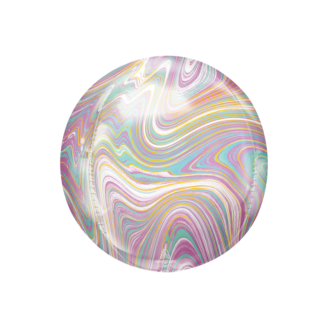 Pastel 16in marble Orbz foil balloon with pink, teal, purple, and gold swirls for birthday décor — from Parte Haus party supply store in Bethesda, Maryland.