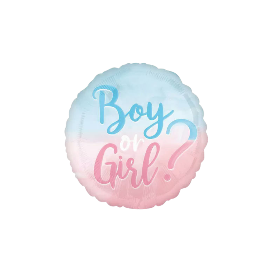 Pastel pink and blue 18in boy or girl gender reveal foil balloon for party celebrations – from Parte Haus party supply store in Bethesda, MD.