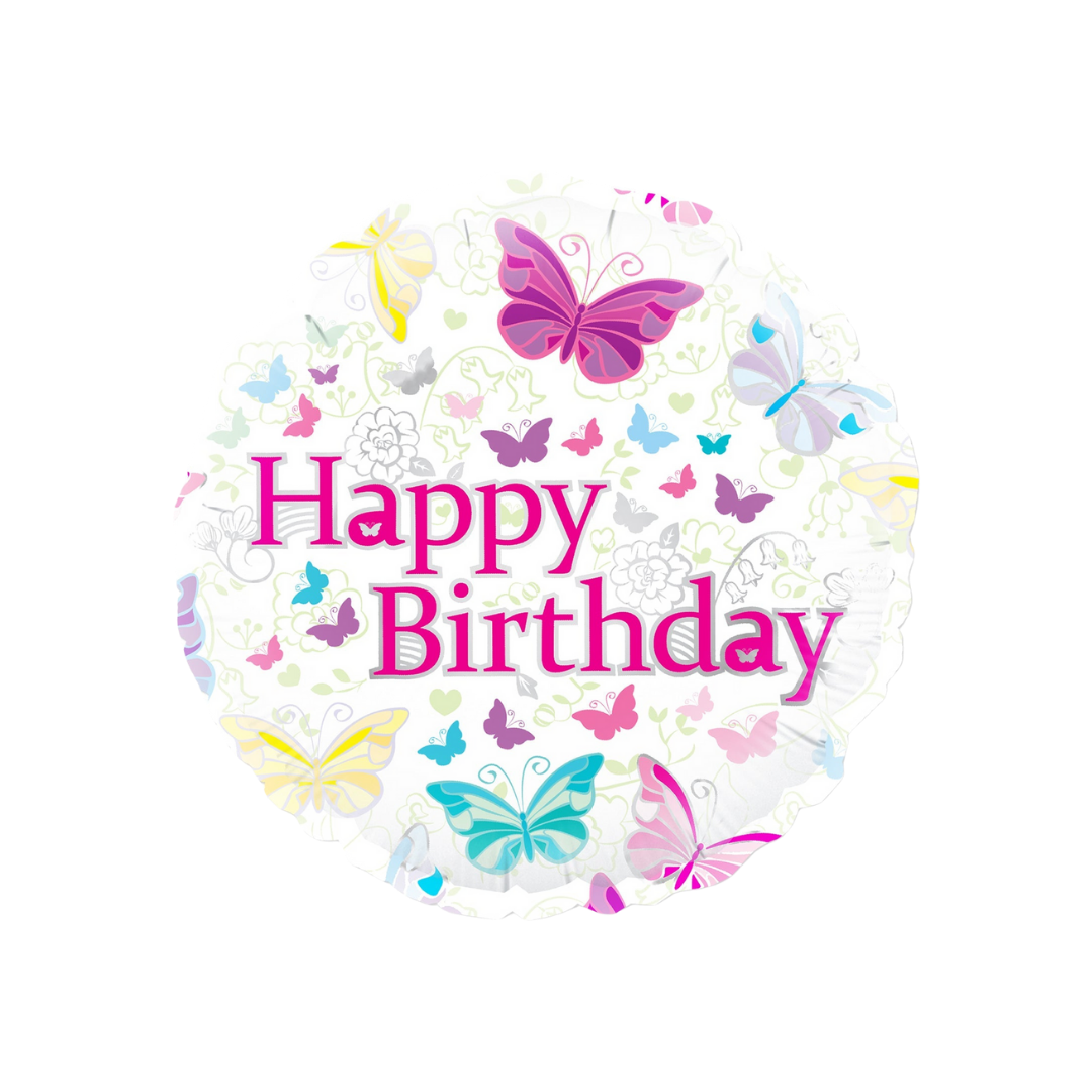Pastel pink butterfly garden foil balloon with happy birthday text birthday theme from Parte Haus party supply store in Bethesda MD