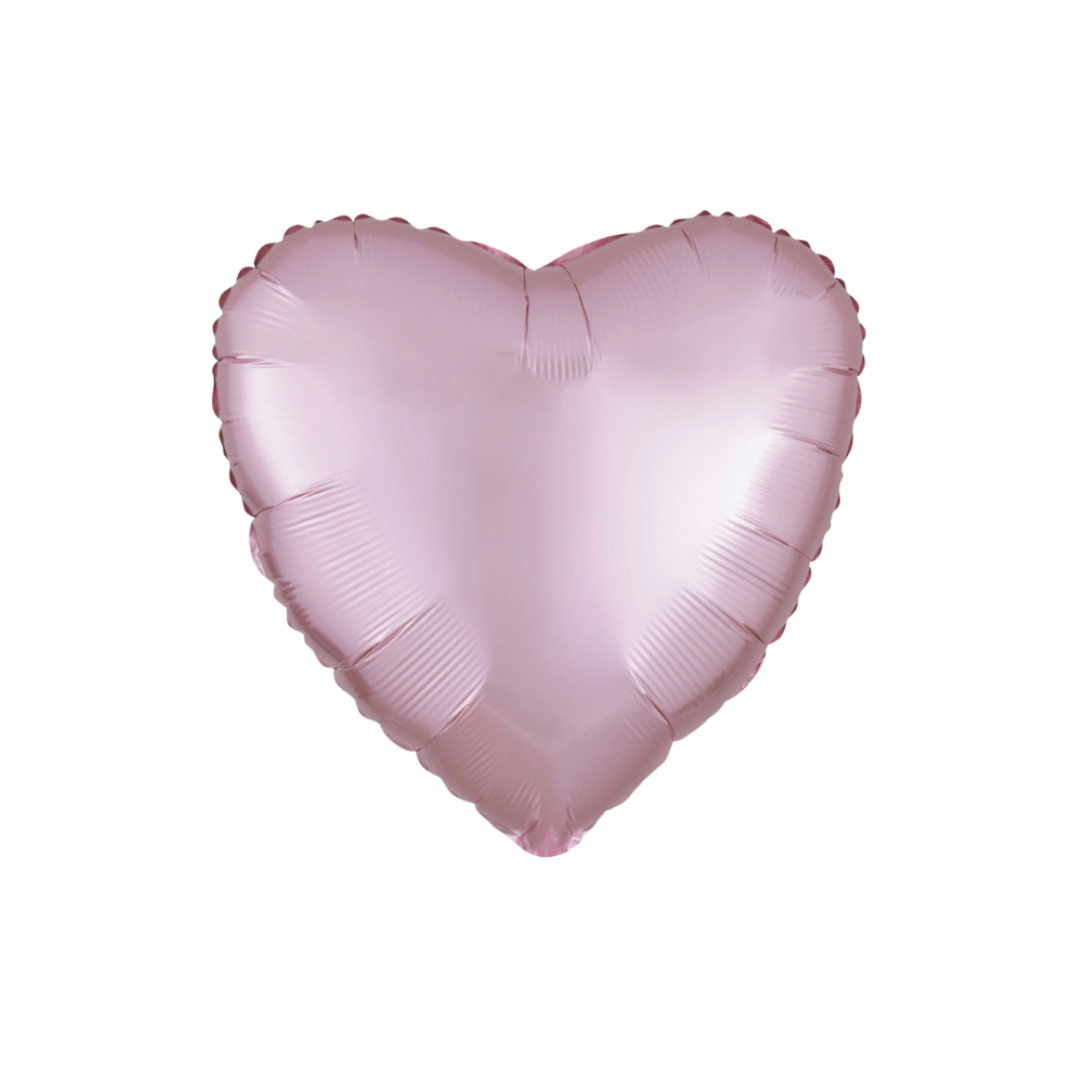 Satin pastel pink 18in heart foil balloon with smooth blush finish – from Parte Haus party supply store in Bethesda, MD.
