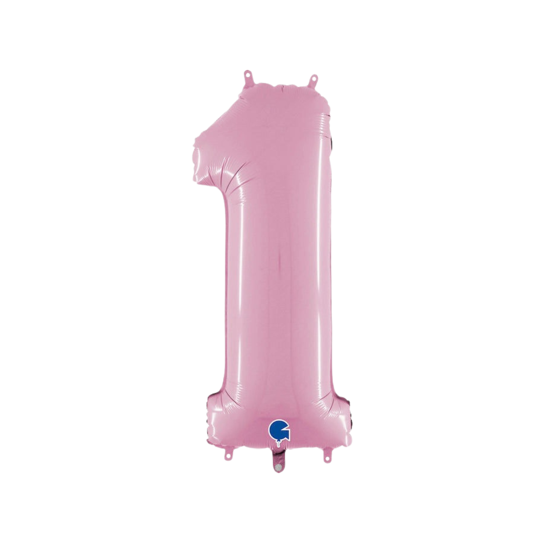 Pastel pink 26in midsize number 1 foil balloon for birthday and milestone parties – from Parte Haus party supply store in Bethesda, MD.